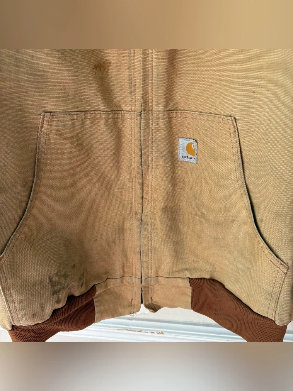 Vintage Carhartt Tan Duck Thrashed Faded Workwear Hooded Jacket Made in USA